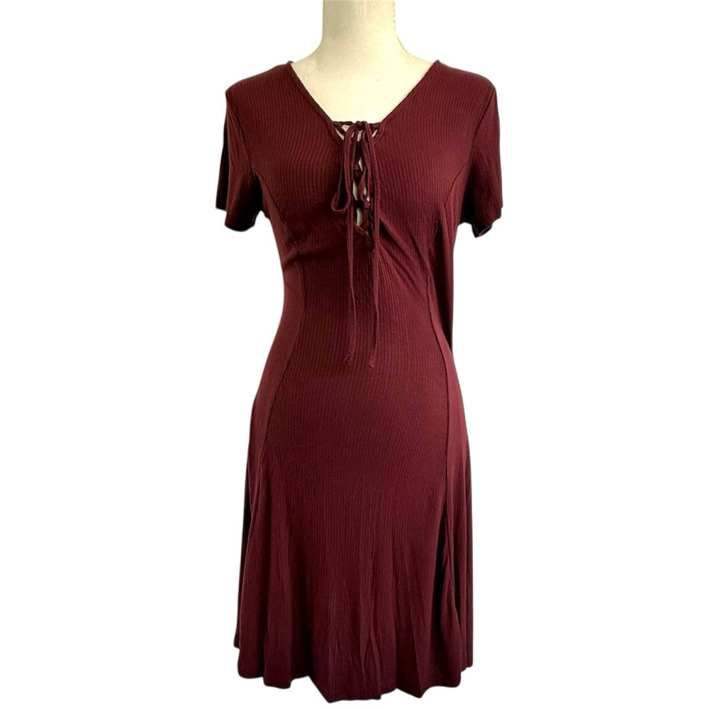Burgundy Milkmaid Ribbed Lace-Up Front Mini Dress - Maroon Short Sleeve Large
